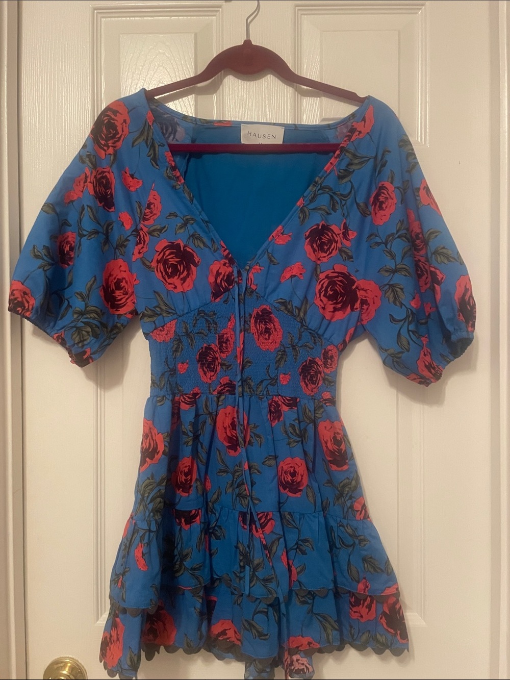 Hausen Blue Floral V-Neck Puff Sleeve Tunic Dress